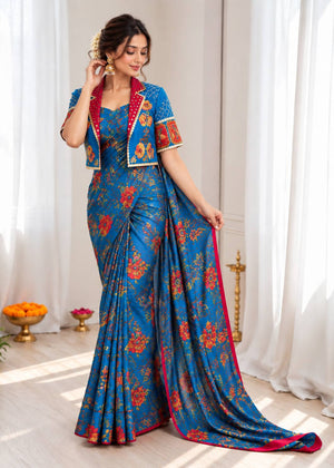 Blue Floral Ready to Wear Saree with Jacket