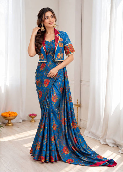 Blue Floral Ready to Wear Saree with Jacket