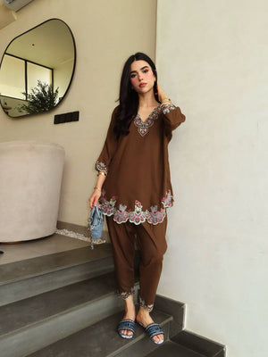 Brown Embroidered Kurta Pant Co-ord Set