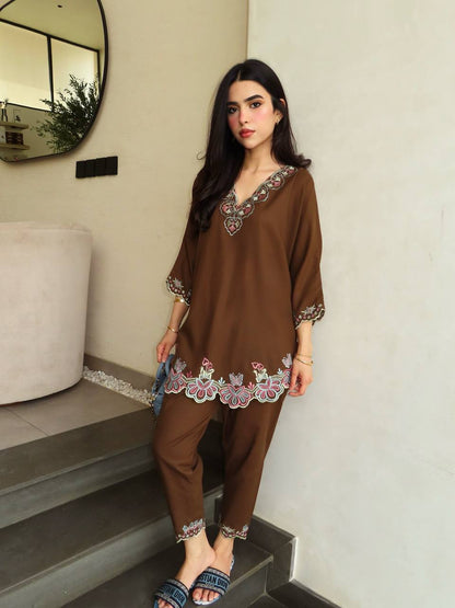 Brown Embroidered Kurta Pant Co-ord Set