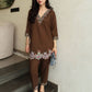 Brown Embroidered Kurta Pant Co-ord Set