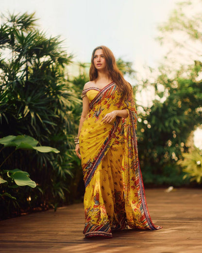 Yellow Floral Print Georgette Saree