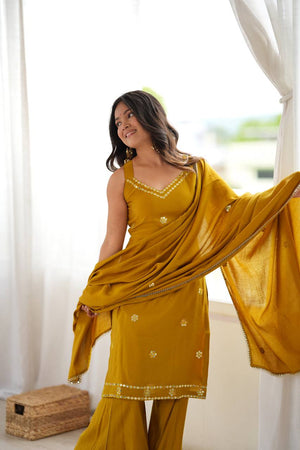 Mustard Roman Silk Kurta Palazzo Set