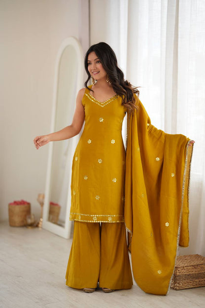 Mustard Roman Silk Kurta Palazzo Set