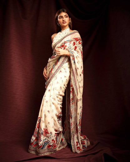 Yellow Floral Print Georgette Saree