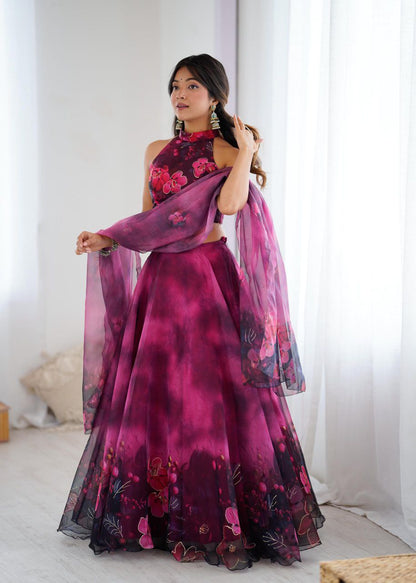 Magenta Organza Lehenga with Zari Work