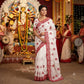 White Red Crinkle Silk Saree for Durga Puja Special