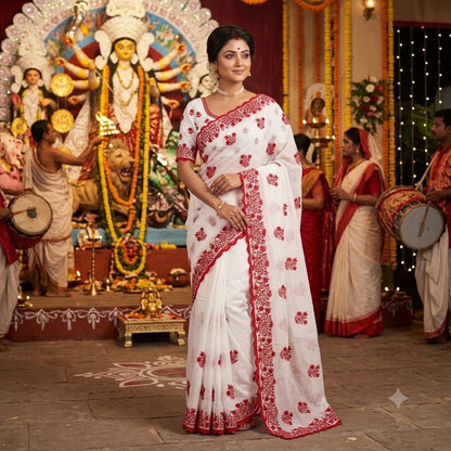 White Red Crinkle Silk Saree for Durga Puja Special