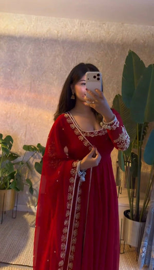 Red Georgette Anarkali Gown with Pant and Dupatta