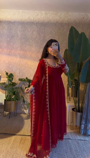 Red Georgette Anarkali Gown with Pant and Dupatta