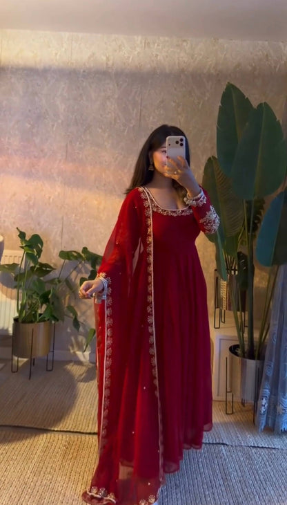 Red Georgette Anarkali Gown with Pant and Dupatta
