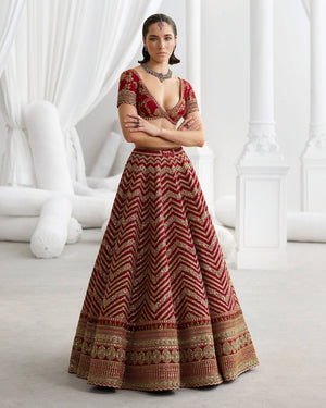Red Chevron Thai Silk Lehenga with Zari Work