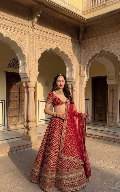 Red Chevron Thai Silk Lehenga with Zari Work