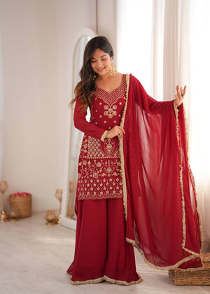 Red Georgette Sequin Kurta Palazzo Set