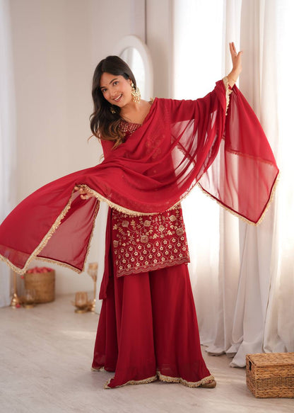 Red Georgette Sequin Kurta Palazzo Set
