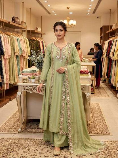 Mul Chanderi Embroidered Kurta Palazzo Set