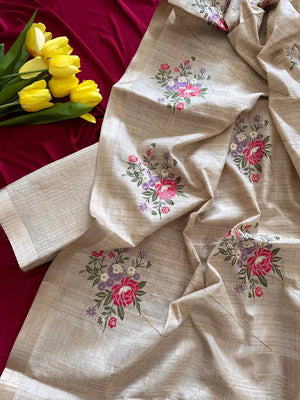 Beige Floral Tussar Saree