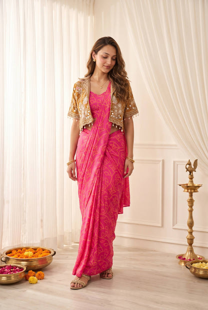 Pink Bandhani Pre-Draped Saree with Mirror Jacket