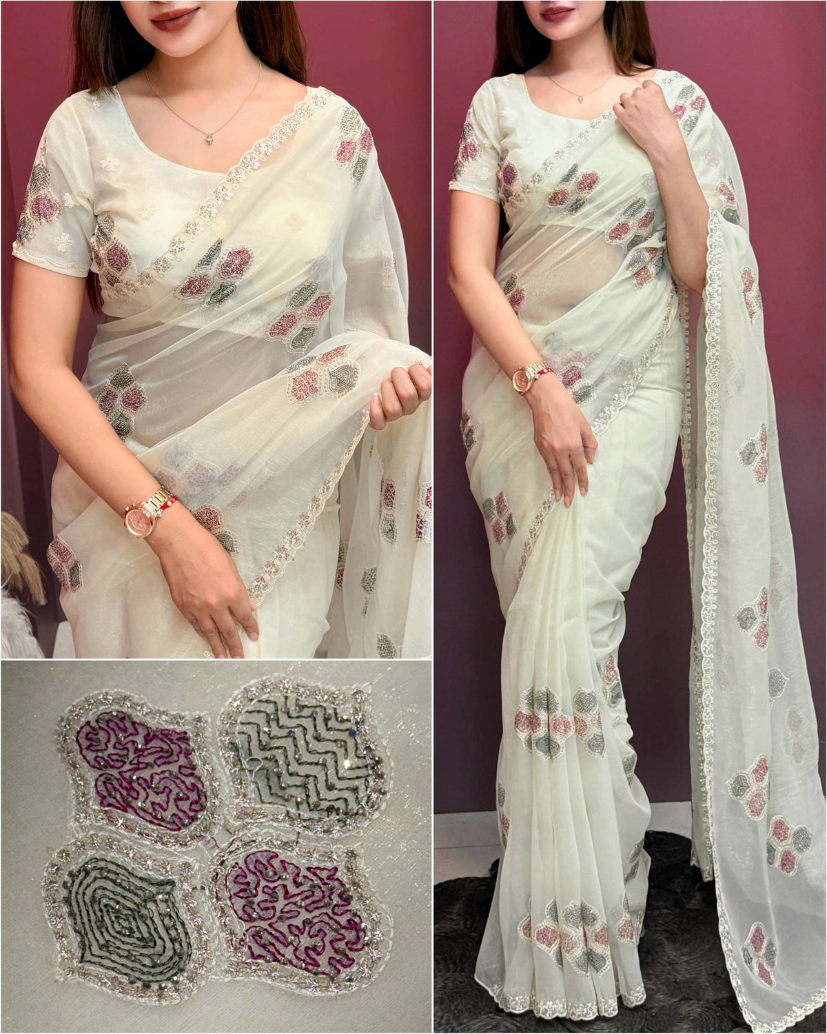Kashmiri Embroidered Shimmer Silk Saree