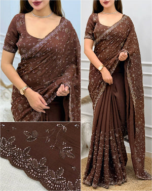 Brown Beaded Shimmer Satin Saree