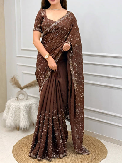 Brown Beaded Shimmer Satin Saree