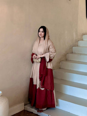 Beige Maroon Roman Silk Kaftan Palazzo Set