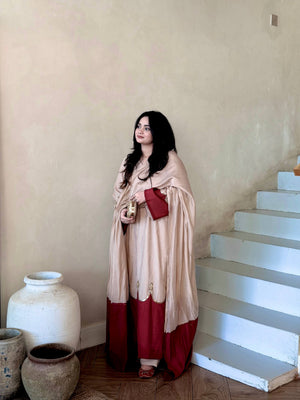 Beige Maroon Roman Silk Kaftan Palazzo Set