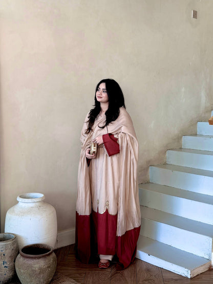 Beige Maroon Roman Silk Kaftan Palazzo Set