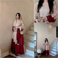 Beige Maroon Roman Silk Kaftan Palazzo Set