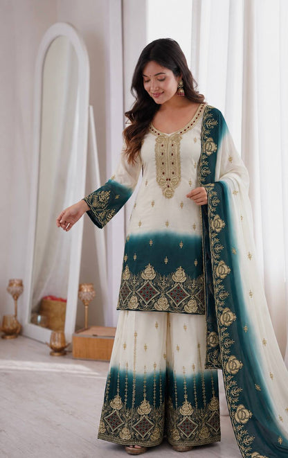 Ivory Teal Ombre Georgette Palazzo Suit