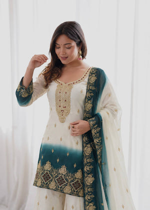 Ivory Teal Ombre Georgette Palazzo Suit