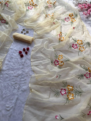 Cream Hand Painted Organza Saree