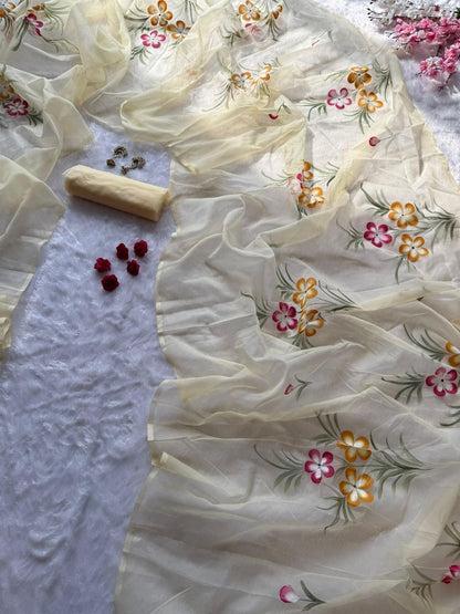 Cream Hand Painted Organza Saree