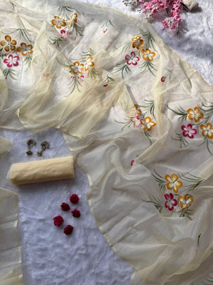 Cream Hand Painted Organza Saree