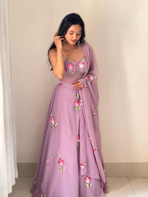 Lavender Hand Painted Georgette Lehenga
