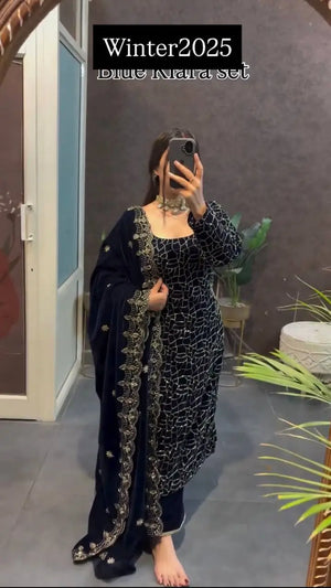 Viscose Velvet Embroidered Suit Set