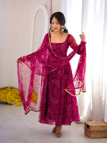 Maroon Georgette Bandhani Print Anarkali Gown