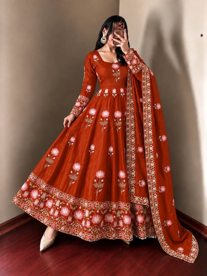 Lotus Embroidered Shimmer Silk Anarkali