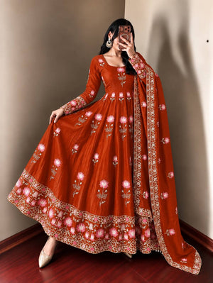 Lotus Embroidered Shimmer Silk Anarkali