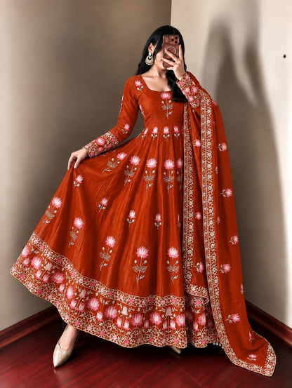 Lotus Embroidered Shimmer Silk Anarkali