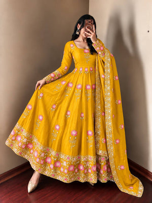 Lotus Embroidered Shimmer Silk Anarkali