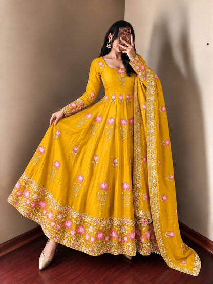 Lotus Embroidered Shimmer Silk Anarkali