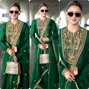 Green Shimmer Silk Anarkali with Peacock Yoke