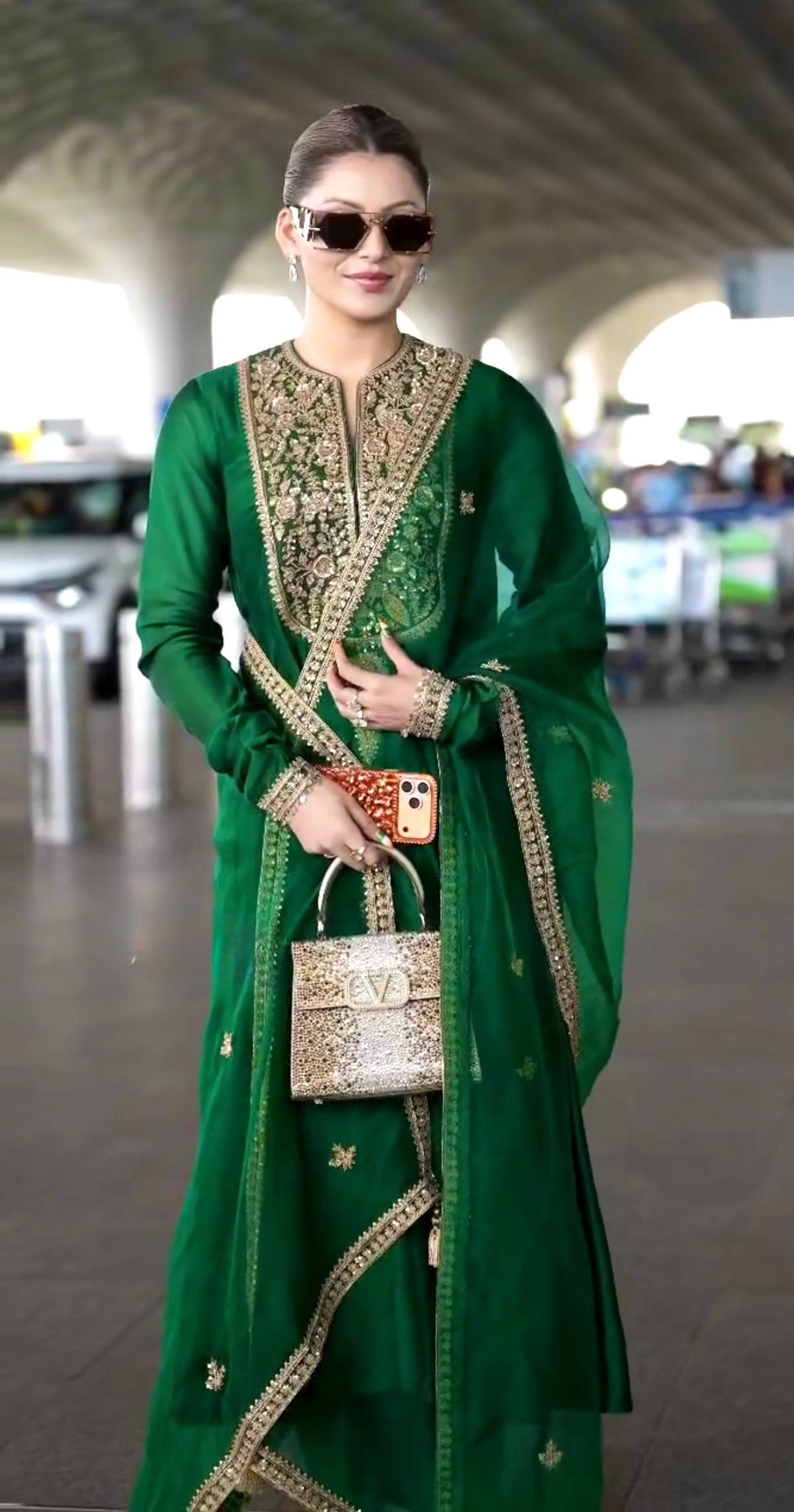Green Shimmer Silk Anarkali with Peacock Yoke