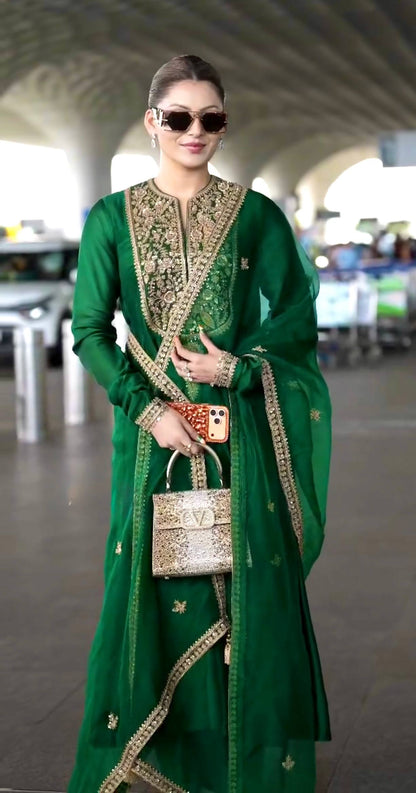Green Shimmer Silk Anarkali with Peacock Yoke