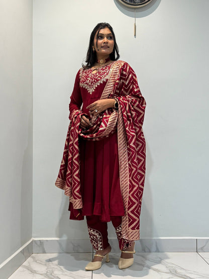 Maroon Roman Silk Anarkali with Jacquard Dupatta