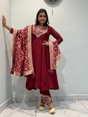 Maroon Roman Silk Anarkali with Jacquard Dupatta