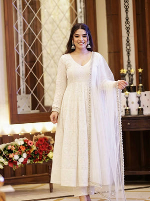 White Schiffli Cotton Anarkali with Net Dupatta