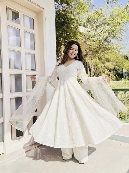 White Schiffli Cotton Anarkali with Net Dupatta