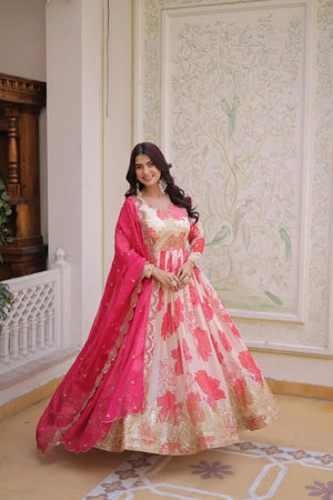 Printed Russian Silk Anarkali Gown with Embroidered Dupatta for Festive and Party Wear